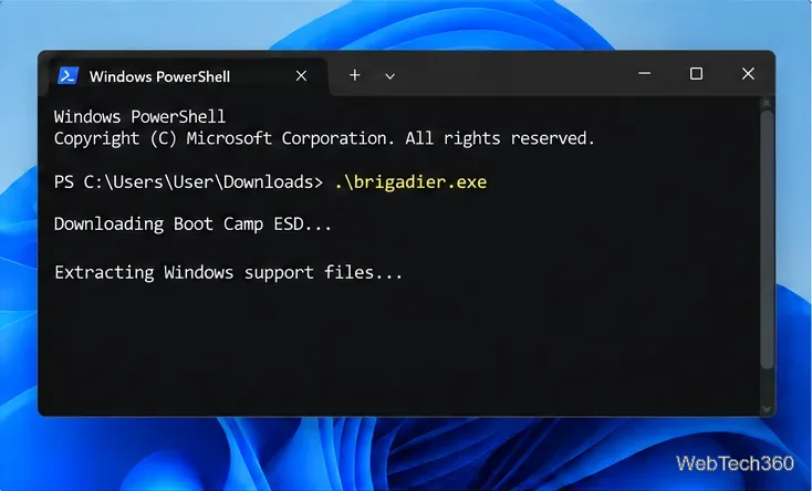 Illustration de Windows PowerShell exécutant Brigadier et affichant l'état du téléchargement et de l'extraction.