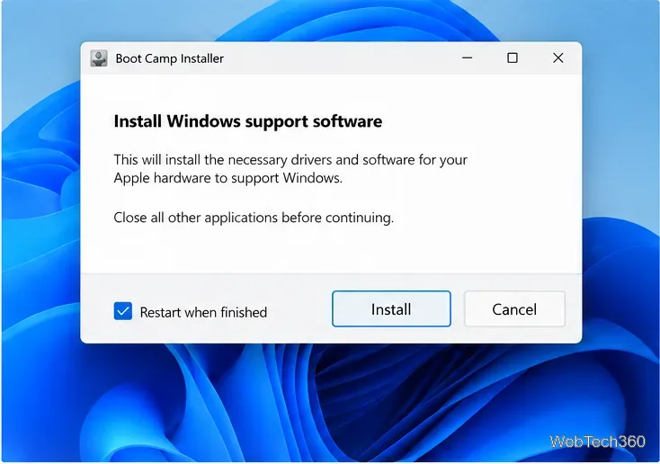 Illustration d'une fenêtre d'installation de Boot Camp avec un bouton Installer et une option de redémarrage.