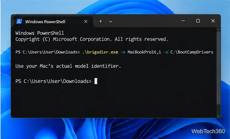 Illustration de PowerShell utilisant le modèle Brigadier et les options de dossier de sortie.