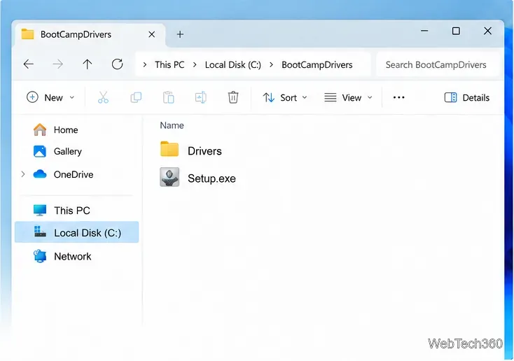 Illustration d'un dossier de support Boot Camp extrait, contenant Setup.exe et un dossier Drivers.
