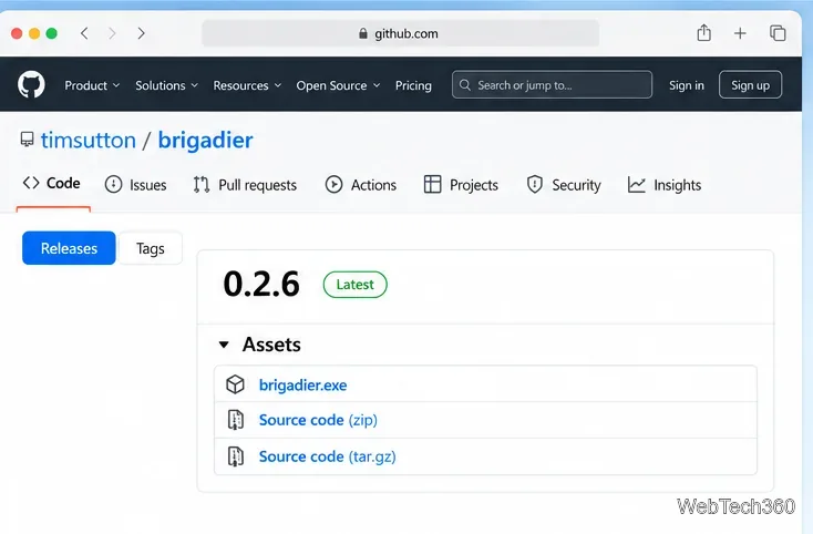 Illustration de la page des versions GitHub de timsutton/brigadier avec la version 0.2.6 marquée comme la dernière version.