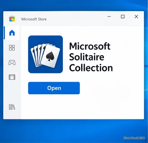 Installed Microsoft Solitaire Collection listing with an Open button.
