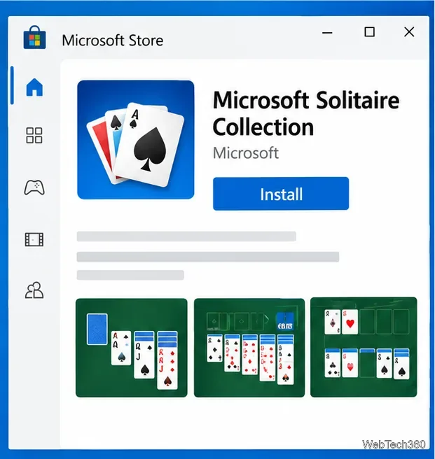Microsoft Solitaire Collection Store listing showing Microsoft as the publisher and an Install button.