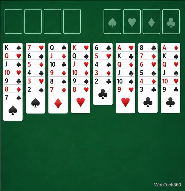 FreeCell table with four free cells, four foundation spaces, and eight tableau columns.