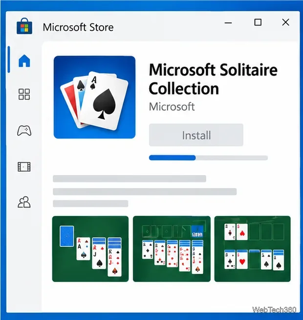 Microsoft Solitaire Collection listing with an installation progress bar.