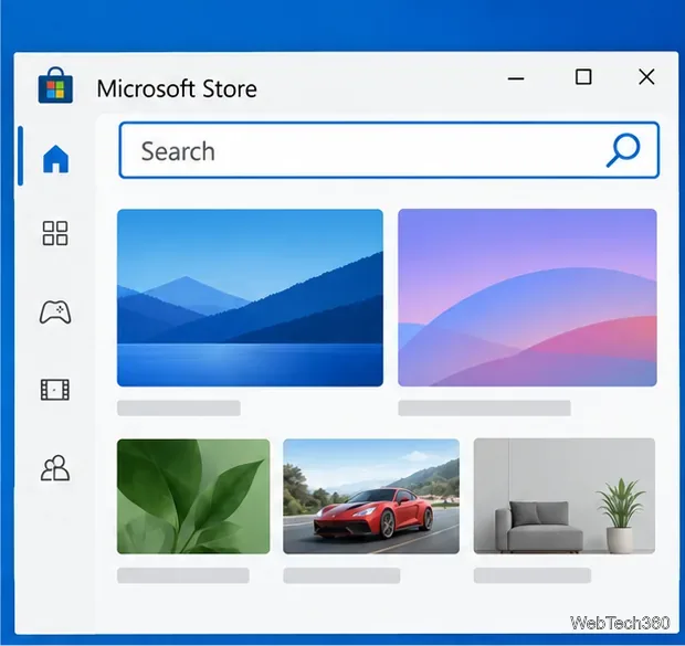 Microsoft Store home window with its search field ready for an app name.