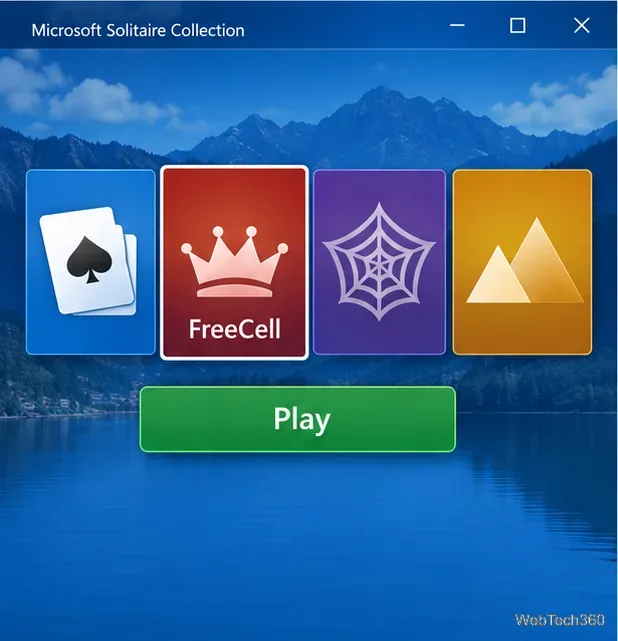 Solitaire Collection home screen with the FreeCell tile and Play button selected.