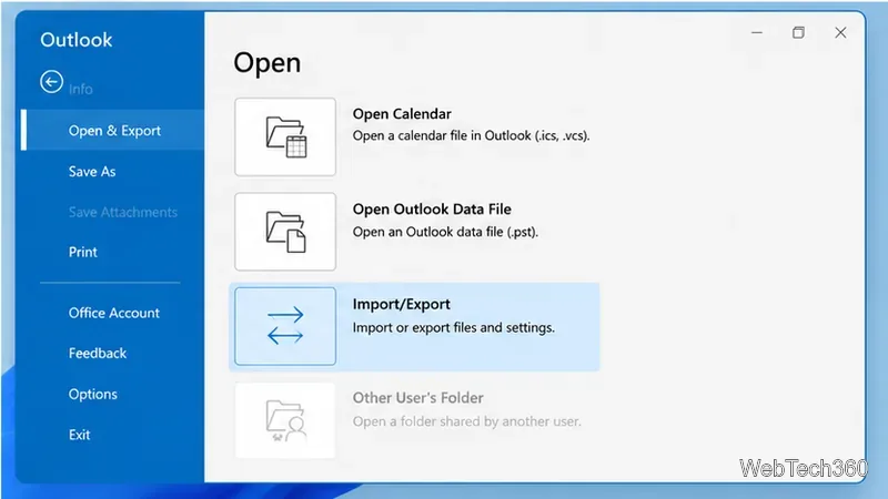 Classic Outlook Open and Export screen with Import Export highlighted