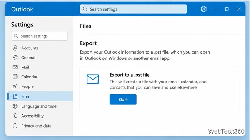 New Outlook Settings Files Export page for exporting Outlook information to a PST file