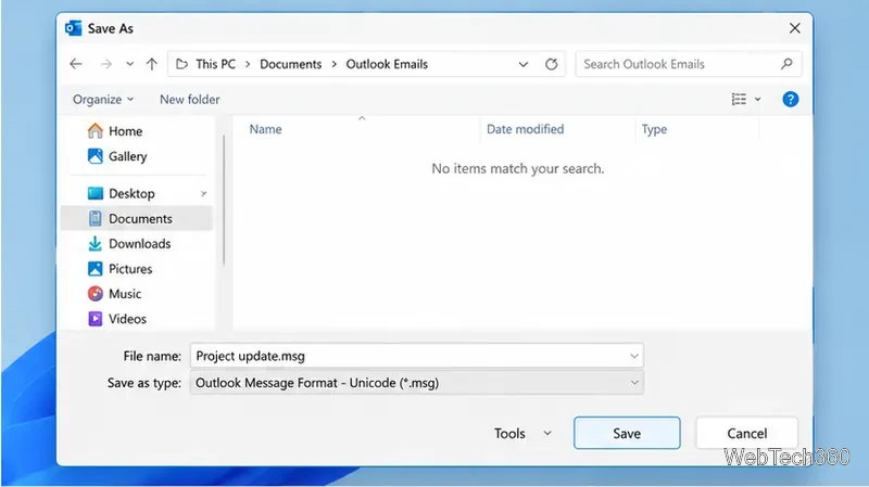 Classic Outlook Save As dialog showing an Outlook Message Format MSG file