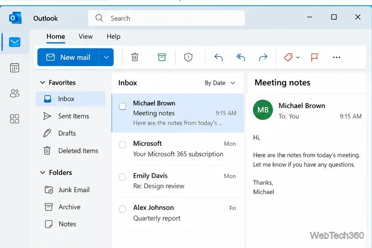 New Outlook for Windows with a Meeting notes email selected in the inbox