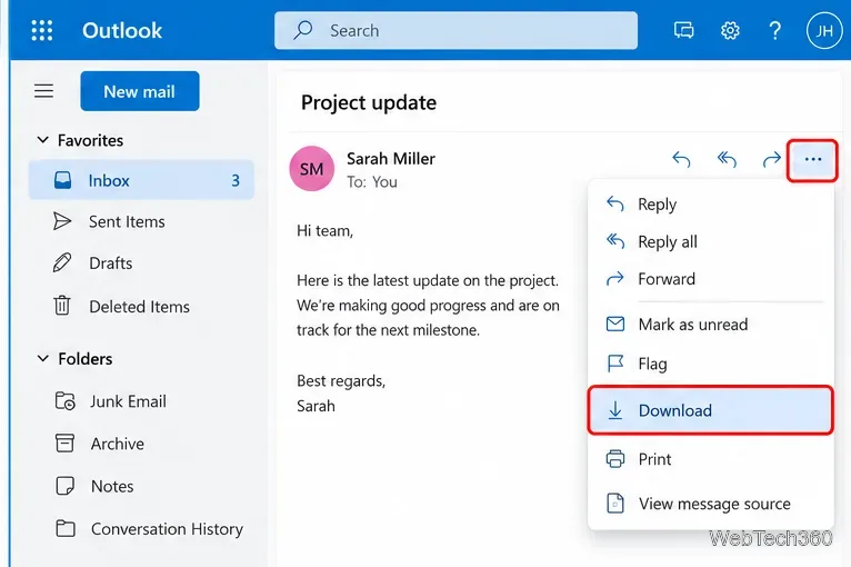 Outlook web More actions menu with Download highlighted for an open email