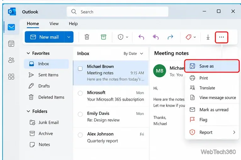 New Outlook More actions menu with Save as highlighted for a selected email