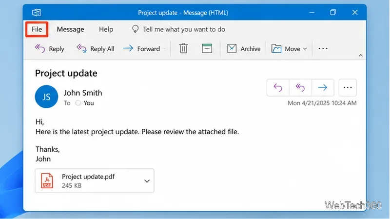 Classic Outlook message window with the File tab highlighted