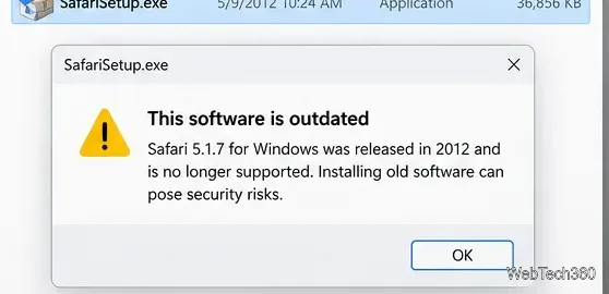 Ilustracja starego instalatora SafariSetup.exe z ostrzeżeniem o nieaktualnym oprogramowaniu