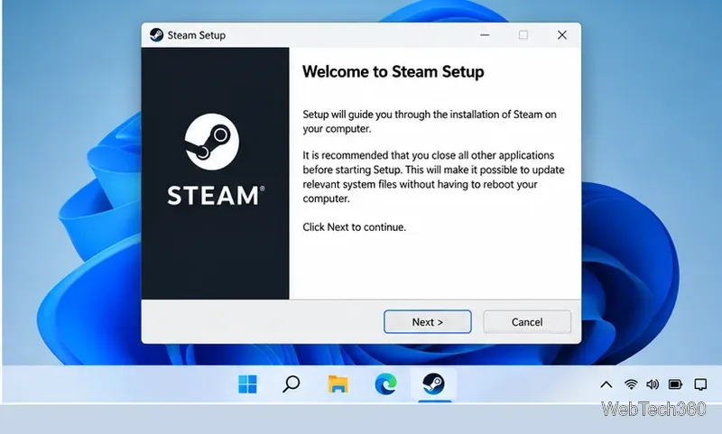 Steam Setup window on Windows showing the Next button