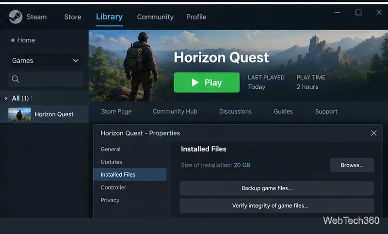 Steam Library game page with Play button and Installed Files verification option