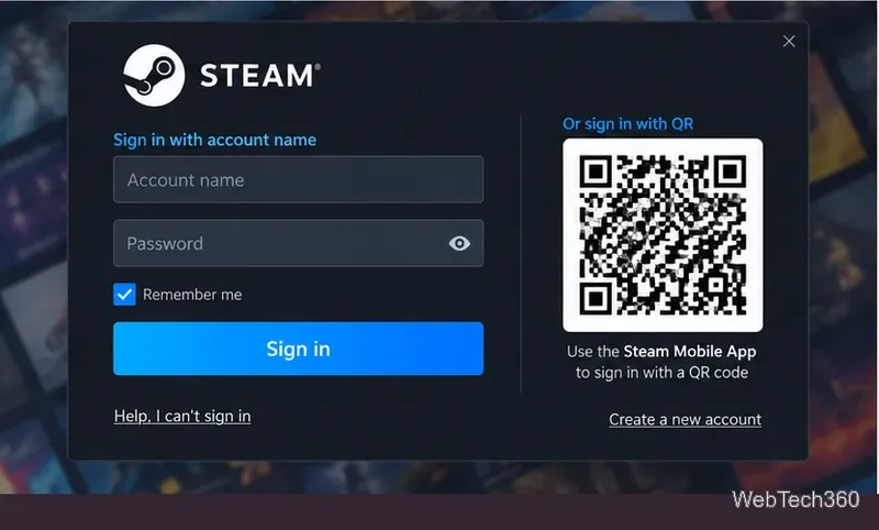 Steam sign-in screen with account fields and a QR code option