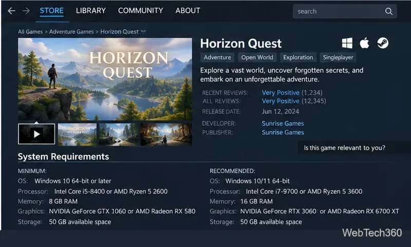 Steam game store page showing platform icons and system requirements