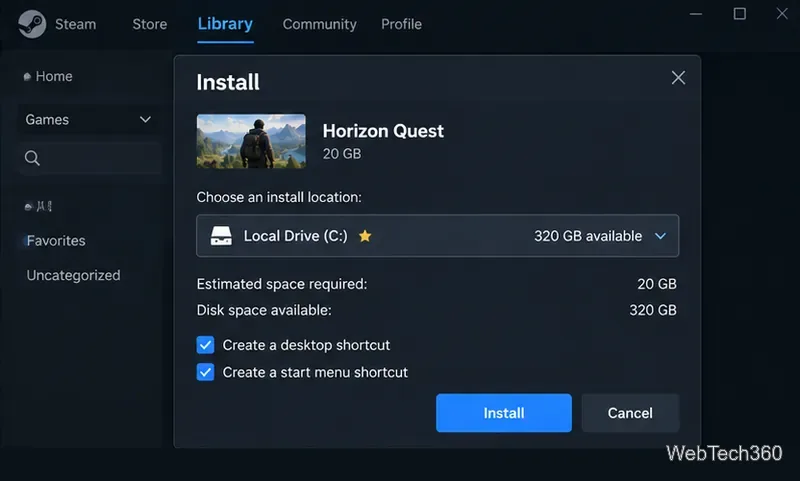 Steam Install dialog showing drive selection and available disk space