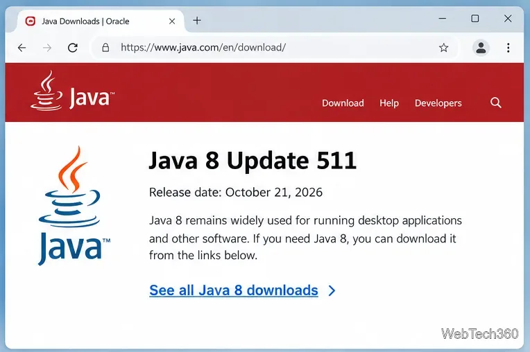 Oracle Java download page showing Java 8 Update 511 and its October 21 2026 release date