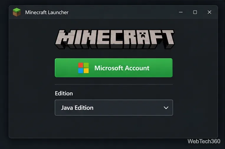 Minecraft Launcher sign-in illustration showing Microsoft account access and Java Edition selection.
