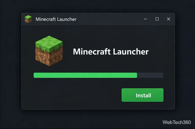 Illustration of the Minecraft Launcher installer with its Install button and progress bar.