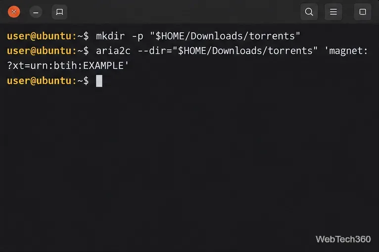 Linux terminal creating a torrent download folder and selecting it with aria2c --dir.
