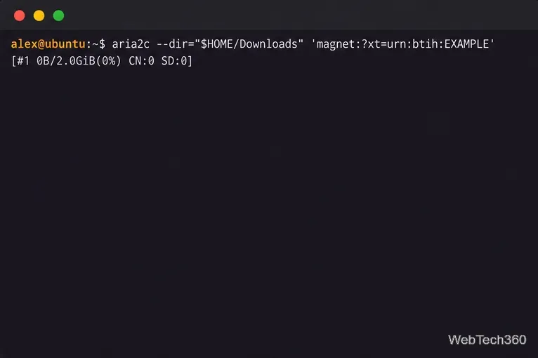 Linux terminal running aria2c with a quoted magnet URI and showing a torrent transfer status line.