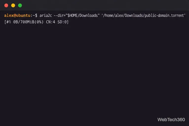 Linux terminal passing a public-domain .torrent file path to aria2c with an explicit Downloads destination.