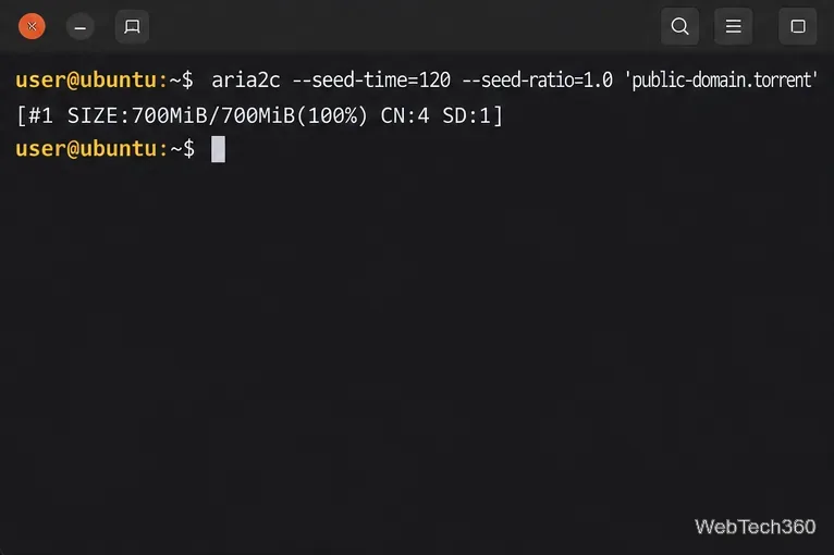 Linux terminal showing aria2 seeding limits set to 120 minutes or a share ratio of 1.0.