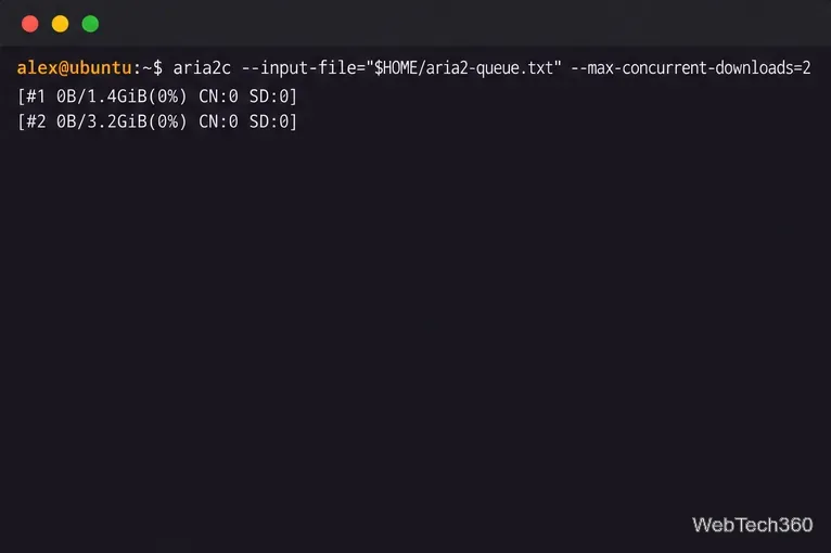 Linux terminal starting two queued torrent jobs with aria2c input-file and concurrent download options.