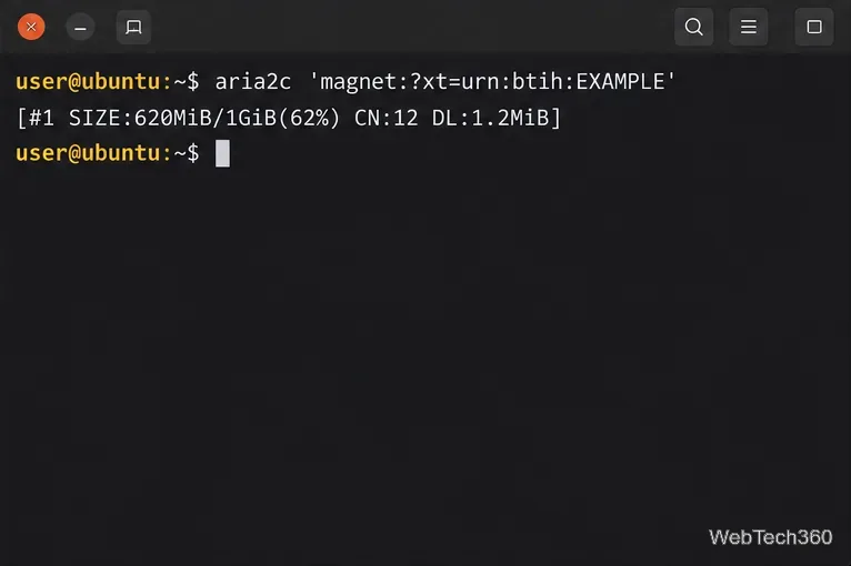 Linux terminal showing a magnet download command and an aria2 transfer progress status.