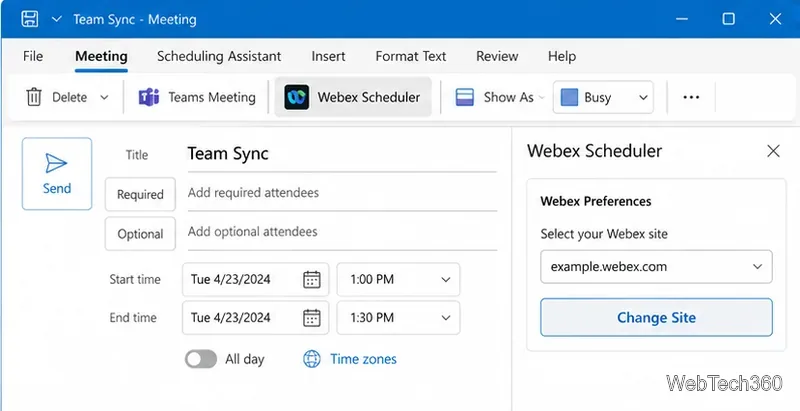 หน้าต่างการประชุม Outlook พร้อมด้วยแผง Webex Scheduler ที่แสดงการตั้งค่า Webex และไซต์ Webex ที่เลือกไว้