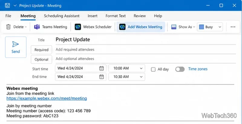 สร้างคำเชิญเข้าร่วมประชุมผ่าน Outlook โดยเลือกตัวเลือก "เพิ่มการประชุม Webex" และใส่รายละเอียดการเข้าร่วม Webex ลงในกิจกรรมเรียบร้อยแล้ว
