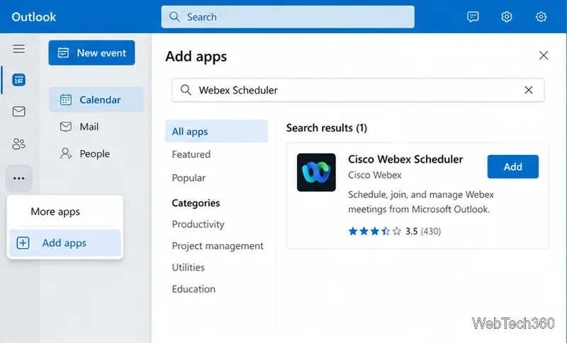 หน้าต่างเพิ่มแอปของ Outlook แสดง Cisco Webex Scheduler ในผลการค้นหา พร้อมปุ่มเพิ่ม