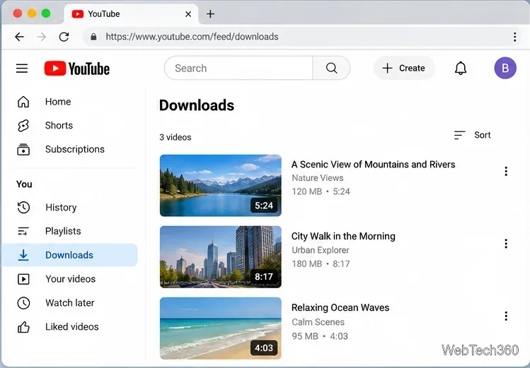 Die YouTube-Downloadseite in einem Desktop-Browser unter macOS zeigt gespeicherte Offline-Videos an