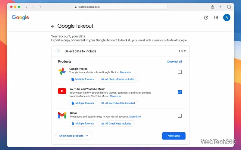 Google Takeout auf macOS mit YouTube und YouTube Music als Exportoption ausgewählt