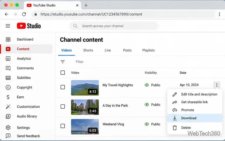 YouTube Studio-Inhaltsseite unter macOS mit geöffnetem Download-Befehl für ein hochgeladenes Video