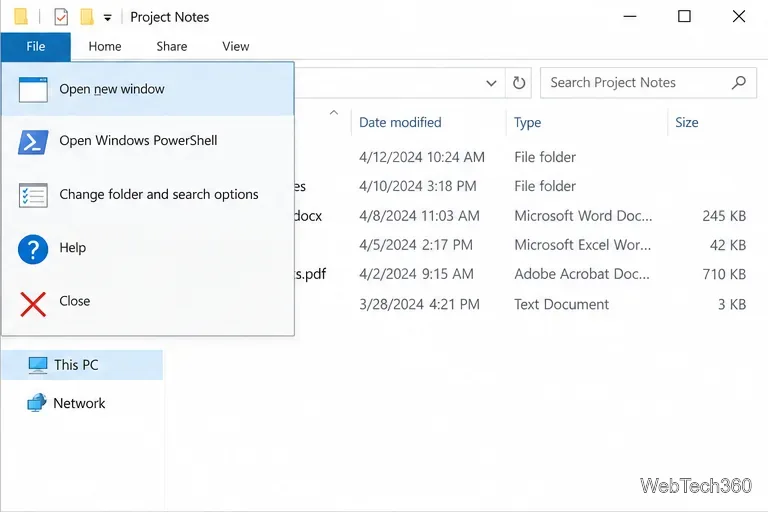Il menu File di Esplora file di Windows 10 con Apri nuova finestra evidenziato