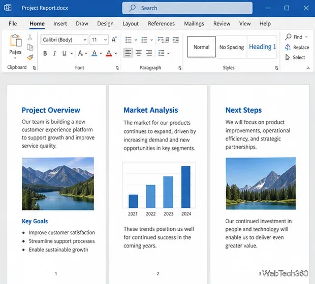 Um documento do Word com três páginas, sendo que a página do meio está posicionada entre outras duas páginas.