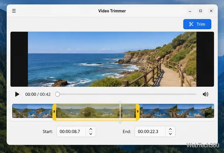 海岸の映像、ハイライト表示されたタイムライン選択、開始時間と終了時間のコントロールを備えたビデオトリマーのメインウィンドウ
