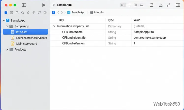L'éditeur de liste de propriétés Xcode s'est rouvert et la chaîne SampleApp Pro enregistrée est visible dans le tableau.