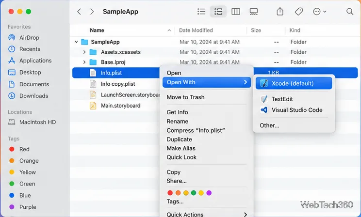 Menu contextuel du Finder pour Info.plist avec « Ouvrir avec » développé et Xcode sélectionné.