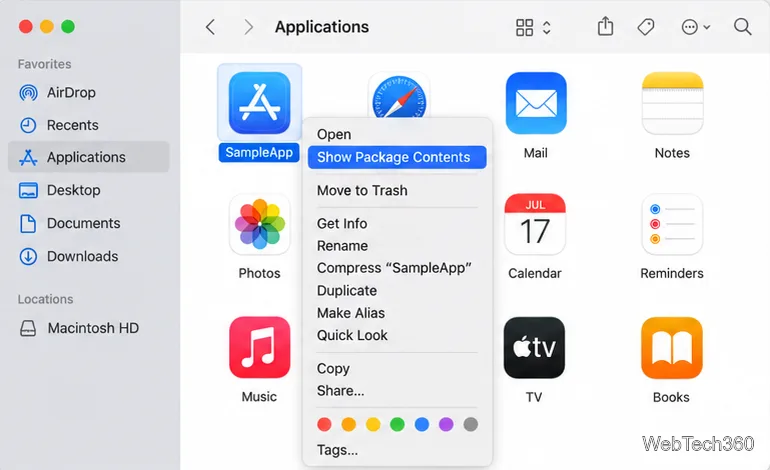 Affichage des applications du Finder avec une application exemple sélectionnée et l'option « Afficher le contenu du paquet » mise en évidence dans son menu contextuel.