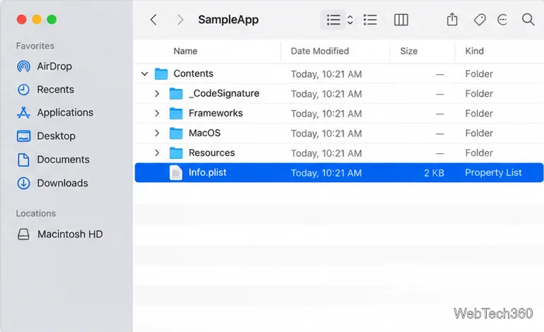 Fenêtre du Finder affichant un dossier Contents avec le fichier Info.plist sélectionné parmi les fichiers du paquet d'application.