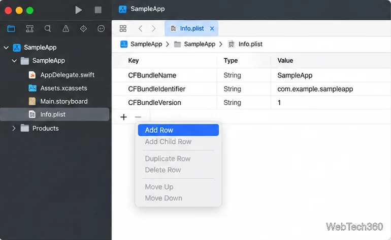 Tableau des propriétés Xcode avec les colonnes Clé, Type et Valeur et la commande Ajouter une ligne ouverte.