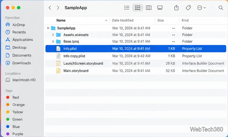 Affichage de la liste du Finder montrant le fichier Info.plist et une copie de sauvegarde distincte du fichier Info.plist dans un dossier de projet d'exemple.