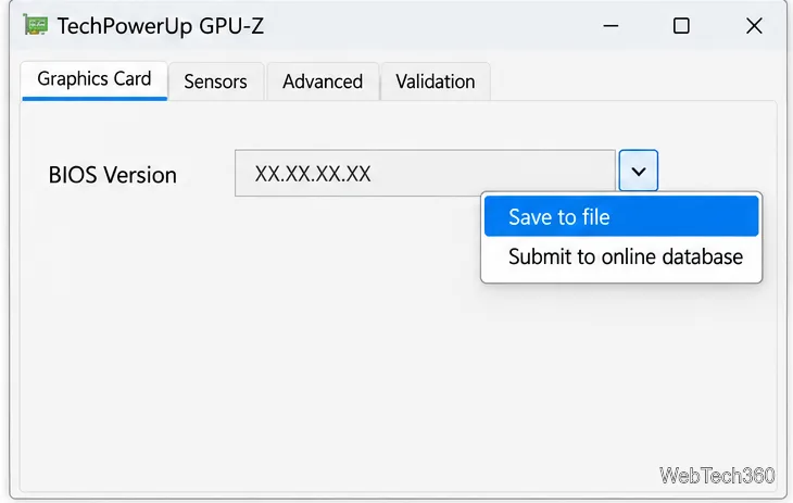 GPU-Z 風格的顯示卡選項卡,顯示 BIOS 版本行及其選單,其中「儲存到檔案」已高亮顯示。