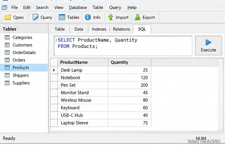 Éditeur de requêtes de type MDB Viewer Plus affichant une instruction SELECT pour ProductName et Quantity avec une grille de résultats